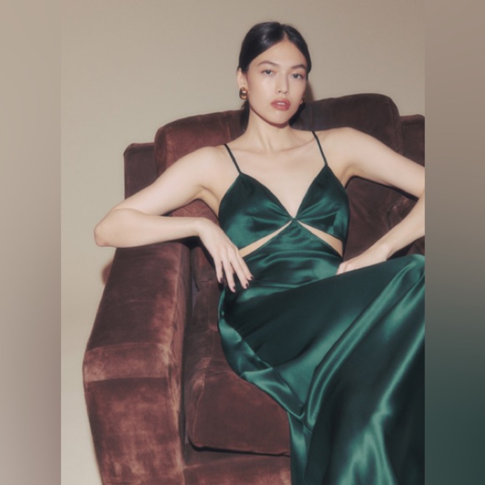 Reformation Poppies Silk Dress in Forrest Green